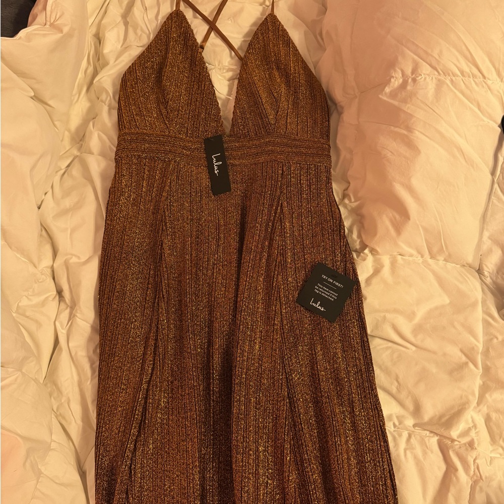 Lulu's Shimmering Bronze Backless Dress